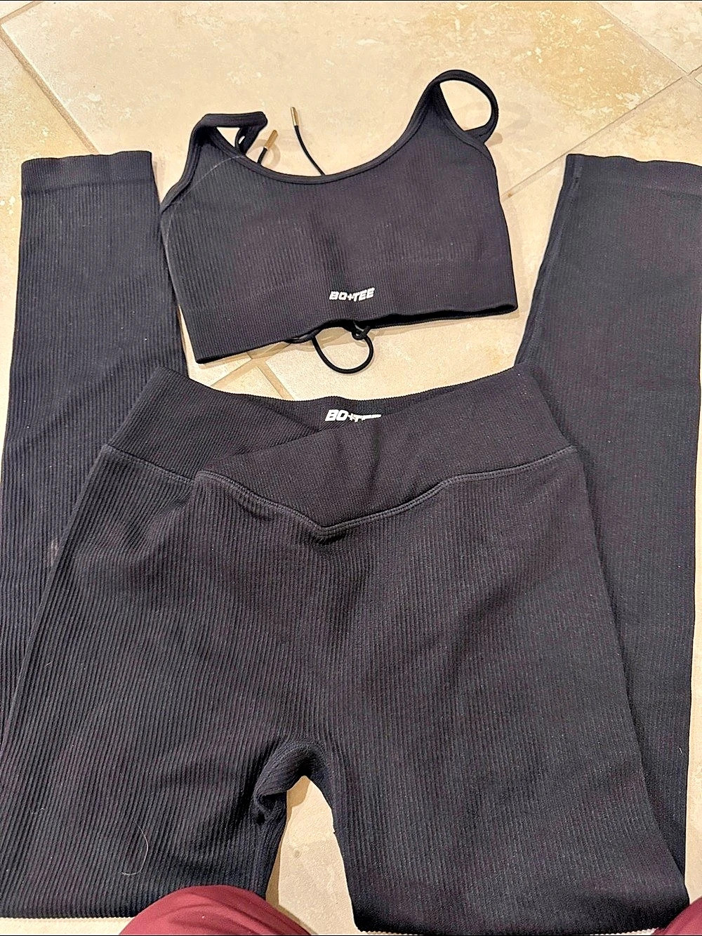 BO+TEE Soft Active Ribbed Crossover Leggings and Crop Top Set Black Small